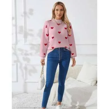Alsol Lamesa Women's 2025 Fall Winter Mock Neck Long Sleeve Striped Color Block Cute Heart Ribbed Knit Pullover Sweaters