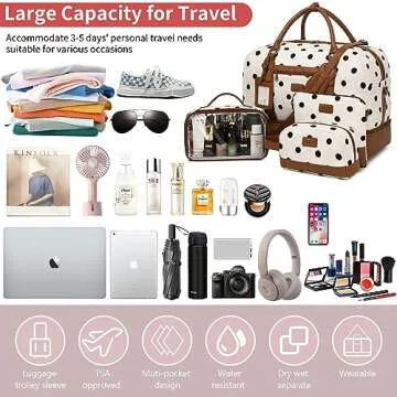 Wogarl 4PCS Weekender Bags for Women Large Overnight Bag Weekend Travel Duffel Bag Carry on Shoulder with Shoe Compartment Canvas Toiletry Bag for Travel Business Gym,Black Dot