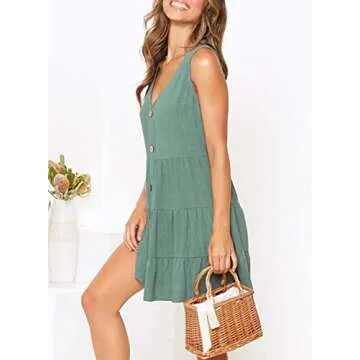 MITILLY Women's Summer Sleeveless V Neck Button Down Casual Pocket Swing Short Dress Small Light Green