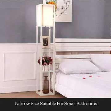 Brightech Maxwell - Modern Shelf Floor Lamp with Lamp Shade and LED Bulb - Corner Display Floor Lamps with Shelves for Living Room, Bedroom and Office - White