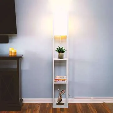 Brightech Maxwell - Modern Shelf Floor Lamp with Lamp Shade and LED Bulb - Corner Display Floor Lamps with Shelves for Living Room, Bedroom and Office - White