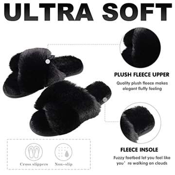 House Slippers for Women, Soft Plush Fluffy Furry Fuzzy Memory Foam Slippers Criss Cross Slip On Slides Indoor Outdoor Black 8-9