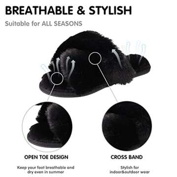 House Slippers for Women, Soft Plush Fluffy Furry Fuzzy Memory Foam Slippers Criss Cross Slip On Slides Indoor Outdoor Black 8-9