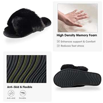 House Slippers for Women, Soft Plush Fluffy Furry Fuzzy Memory Foam Slippers Criss Cross Slip On Slides Indoor Outdoor Black 8-9