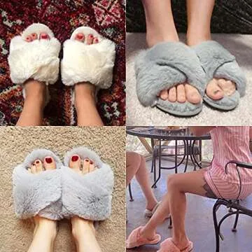 House Slippers for Women, Soft Plush Fluffy Furry Fuzzy Memory Foam Slippers Criss Cross Slip On Slides Indoor Outdoor Black 8-9