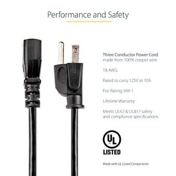 StarTech.com 10ft (3m) Computer Power Cord, NEMA 5-15P to C13, 10A 125V, 18AWG, Black Replacement AC Power Cord, Printer, PC Power Supply Cable, Monitor Power Cable - UL Listed (PXT101 10)