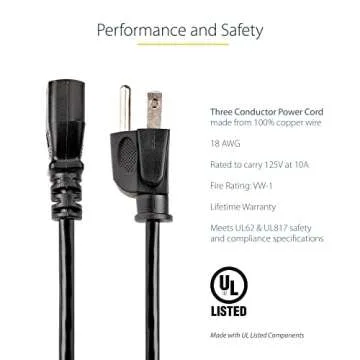 StarTech.com 10ft (3m) Computer Power Cord, NEMA 5-15P to C13, 10A 125V, 18AWG, Black Replacement AC Power Cord, Printer, PC Power Supply Cable, Monitor Power Cable - UL Listed (PXT101 10)