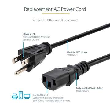 StarTech.com 10ft (3m) Computer Power Cord, NEMA 5-15P to C13, 10A 125V, 18AWG, Black Replacement AC Power Cord, Printer, PC Power Supply Cable, Monitor Power Cable - UL Listed (PXT101 10)
