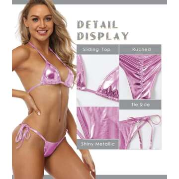 Women's Liquid Metallic Rainbow Bikini Sets Shiny String Padded Triangle 2 Pieces Swimsuit Set
