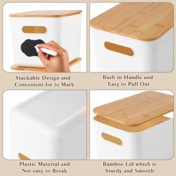 Beeveer 8 Pcs Storage Bins with Lids Plastic Storage Containers with Bamboo Lids Medicine Cabinet Organizer Handle Stackable Organizing Containers Marker 8 Stickers, 10.12 x 7.09 x 6.69 Inch