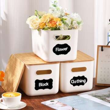 Beeveer 8 Pcs Storage Bins with Lids Plastic Storage Containers with Bamboo Lids Medicine Cabinet Organizer Handle Stackable Organizing Containers Marker 8 Stickers, 10.12 x 7.09 x 6.69 Inch