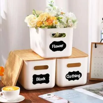 Beeveer 8 Pcs Storage Bins with Lids Plastic Storage Containers with Bamboo Lids Medicine Cabinet Organizer Handle Stackable Organizing Containers Marker 8 Stickers, 10.12 x 7.09 x 6.69 Inch