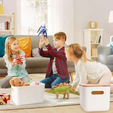 Beeveer 8 Pcs Storage Bins with Lids Plastic Storage Containers with Bamboo Lids Medicine Cabinet Organizer Handle Stackable Organizing Containers Marker 8 Stickers, 10.12 x 7.09 x 6.69 Inch