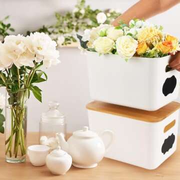 Beeveer 8 Pcs Storage Bins with Lids Plastic Storage Containers with Bamboo Lids Medicine Cabinet Organizer Handle Stackable Organizing Containers Marker 8 Stickers, 10.12 x 7.09 x 6.69 Inch