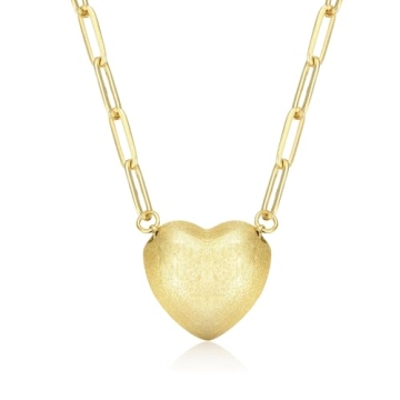 KWWLOTEE Brushed Puffy Heart Necklace, 14K Gold Plated on Stainless Steel Paper Clip Chain (16 + 2 i...