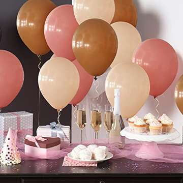 70 Pieces 10 Inch Boho Birthday Balloon Pastel Brown Balloon Cream Tan Brown Nude Ivory Blush Champagne Dusty Rose Balloon with 33 Feet Gold Ribbon for Birthday Party Baby Shower Decorations