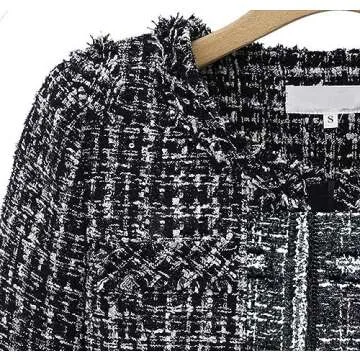 chouyatou Women's Fall Business Casual Tweed Blazer Jacket Collarless Open Front Dressy Tweed Jacket (Small, Black)