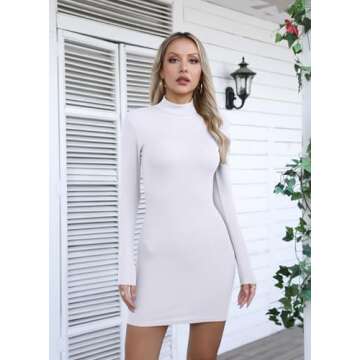 Valiamcep Women's Long Sleeve Mock Turtleneck Dress - Elegant Ribbed Knit Bodycon Mini