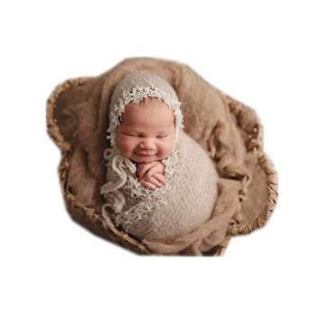 Newborn Infant Baby Boys Girls Photography Props Mohair Hat Wrap Blanket Cloth Set (Creamy-White)