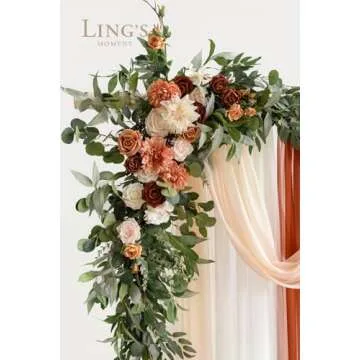 Ling's Moment Fall Wedding Arch Flowers with Drapes Kit-Pack of 5, 2pcs Flower Arrangements 3pcs Hanging Sheer Drapes, Terracotta Orange Floral Garland Ceremony Arbor Home Backdrop Rose Decorations
