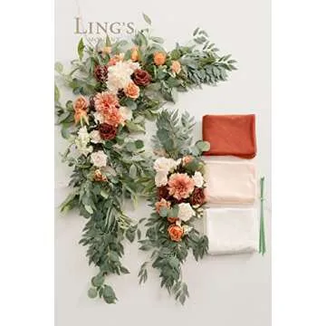 Ling's Moment Fall Wedding Arch Flowers with Drapes Kit-Pack of 5, 2pcs Flower Arrangements 3pcs Hanging Sheer Drapes, Terracotta Orange Floral Garland Ceremony Arbor Home Backdrop Rose Decorations