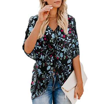 Dokotoo Womens Fashion Summer Female Twist Front Knot V Neck Short Sleeve Floral Printed Ruched Fashion Tops Blouses Loose T Shirts Plain Blouses Black Medium