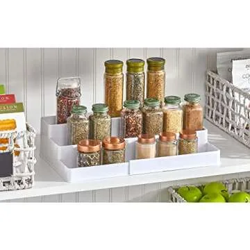mDesign Plastic Adjustable, Expandable 3-Tier Kitchen Cabinet, Pantry, Shelf Organizer/Spice Rack - Storage for Spices, Jars, Seasoning, Baking Supplies, Ligne Collection, White