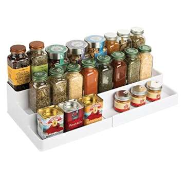 mDesign Plastic Adjustable, Expandable 3-Tier Kitchen Cabinet, Pantry, Shelf Organizer/Spice Rack - Storage for Spices, Jars, Seasoning, Baking Supplies, Ligne Collection, White
