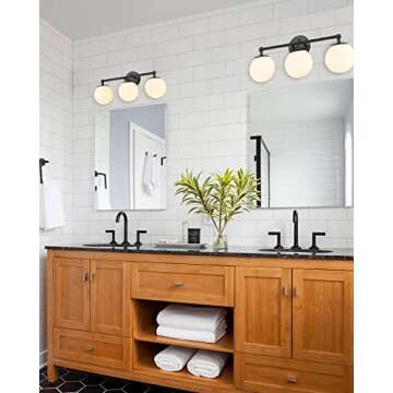 AKEZON Black Vanity Lights for Bathroom, Farmhouse Bathroom Light Fixtures 3-Light Over Mirror with Milky Glass Globe Shade, KW-7307-3