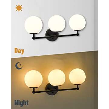 AKEZON Black Vanity Lights for Bathroom, Farmhouse Bathroom Light Fixtures 3-Light Over Mirror with Milky Glass Globe Shade, KW-7307-3