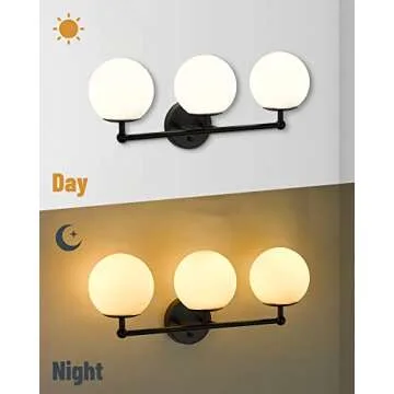 AKEZON Black Vanity Lights for Bathroom, Farmhouse Bathroom Light Fixtures 3-Light Over Mirror with Milky Glass Globe Shade, KW-7307-3