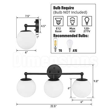 AKEZON Black Vanity Lights for Bathroom, Farmhouse Bathroom Light Fixtures 3-Light Over Mirror with Milky Glass Globe Shade, KW-7307-3
