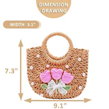 QTKJ Straw Bags for Women, Handwoven Rattan Beach Bag, Mini Summer Hand Bag, Bohemian Round Handle W...