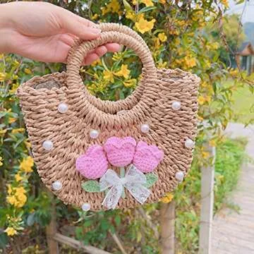 QTKJ Straw Bags for Women, Handwoven Rattan Beach Bag, Mini Summer Hand Bag, Bohemian Round Handle Woven Bag, Straw Tote Bag for Travel Bag (Khaki)