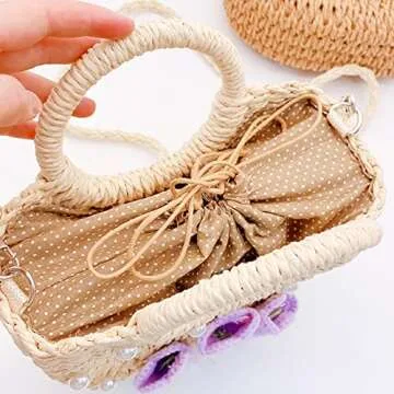 QTKJ Straw Bags for Women, Handwoven Rattan Beach Bag, Mini Summer Hand Bag, Bohemian Round Handle Woven Bag, Straw Tote Bag for Travel Bag (Khaki)