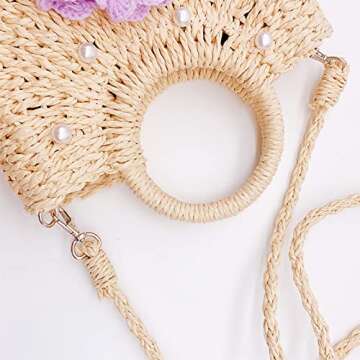QTKJ Straw Bags for Women, Handwoven Rattan Beach Bag, Mini Summer Hand Bag, Bohemian Round Handle Woven Bag, Straw Tote Bag for Travel Bag (Khaki)