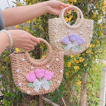 QTKJ Straw Bags for Women, Handwoven Rattan Beach Bag, Mini Summer Hand Bag, Bohemian Round Handle Woven Bag, Straw Tote Bag for Travel Bag (Khaki)