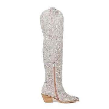 Atuelang Women's Rhinestone Cowgirl Boots Sparkly Pointed Toe Cowboy Western Fashion Boots, Rhinestone-thigh High, 7 UK