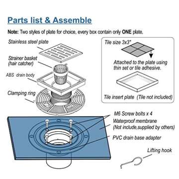 Neodrain Square Shower Drain, 4 inch Stainless Steel 304 Grate and PVC Drain Body, Brick Pattern Gra...