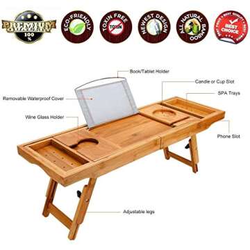 Widousy Luxury Bamboo Bathtub Caddy Bath Tub Tray Bridge Shower Shelves Organizer Tray with Stand Foot Extending Sides Built in Book Tablet Integrated Wineglass Holder Phone Tray & Accessories Placem