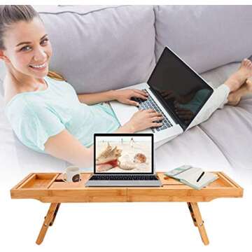 Widousy Luxury Bamboo Bathtub Caddy Bath Tub Tray Bridge Shower Shelves Organizer Tray with Stand Foot Extending Sides Built in Book Tablet Integrated Wineglass Holder Phone Tray & Accessories Placem