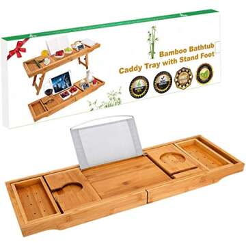 Widousy Luxury Bamboo Bathtub Caddy Bath Tub Tray Bridge Shower Shelves Organizer Tray with Stand Foot Extending Sides Built in Book Tablet Integrated Wineglass Holder Phone Tray & Accessories Placem
