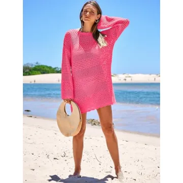 Prinbara Crochet Cover Up for Women Swimsuit Summer Bathing Suit 2025 Swim Hollow Out Bikini Swimwear Mesh Knit Beach Dress Rose Large
