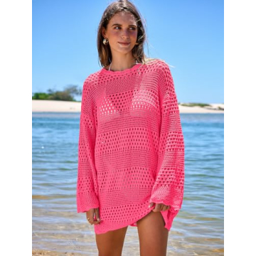 Prinbara Crochet Cover Up for Women Swimsuit Summer Bathing Suit 2025 Swim Hollow Out Bikini Swimwear Mesh Knit Beach Dress Rose Large