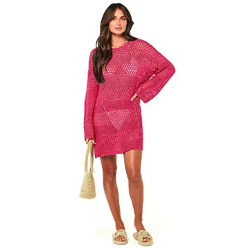 Prinbara Crochet Cover Up for Women Swimsuit Summer Bathing Suit 2025 Swim Hollow Out Bikini Swimwear Mesh Knit Beach Dress Rose Large