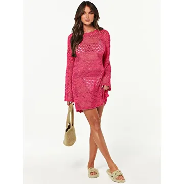 Prinbara Crochet Cover Up for Women Swimsuit Summer Bathing Suit 2025 Swim Hollow Out Bikini Swimwear Mesh Knit Beach Dress Rose Large