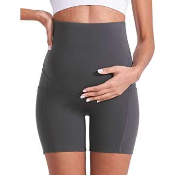 Enerful Women's Maternity Yoga Shorts Over The Belly Comfy Workout Running Active Biker Pregnancy Pants with Pockets 5" Grey Medium