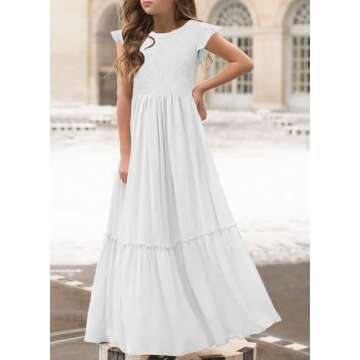 MITILLY Girls Lace Flower Ruffle Sleeve A-Line Swing Wedding Party Long Maxi Dress with Pockets 6 Ye...