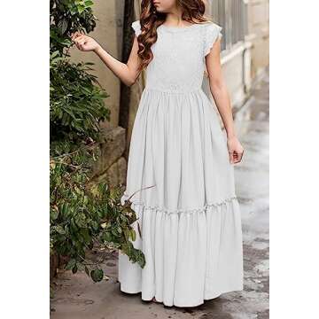 MITILLY Girls Lace Flower Ruffle Sleeve A-Line Swing Wedding Party Long Maxi Dress with Pockets 6 Years White