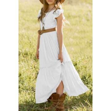 MITILLY Girls Lace Flower Ruffle Sleeve A-Line Swing Wedding Party Long Maxi Dress with Pockets 6 Years White